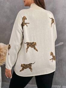 SHEIN Franclia 加大碼動物圖案高領下垂肩毛衣套頭衫 - 杏色 - 查看 3