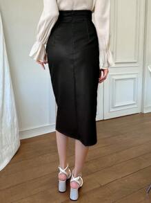 Wynsel 高腰侧开叉铅笔裙秋冬皮裙 - 黑色 - 查看 2