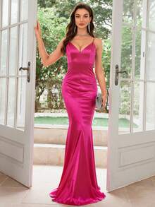 MUXXN 深V领美人鱼裙摆缎面鸡尾酒会礼服 - 玫紅色 - 查看 4