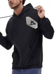 RueChic Men's Cat Print Kangaroo Pocket Hoodie With Drawstring - Black - View 4