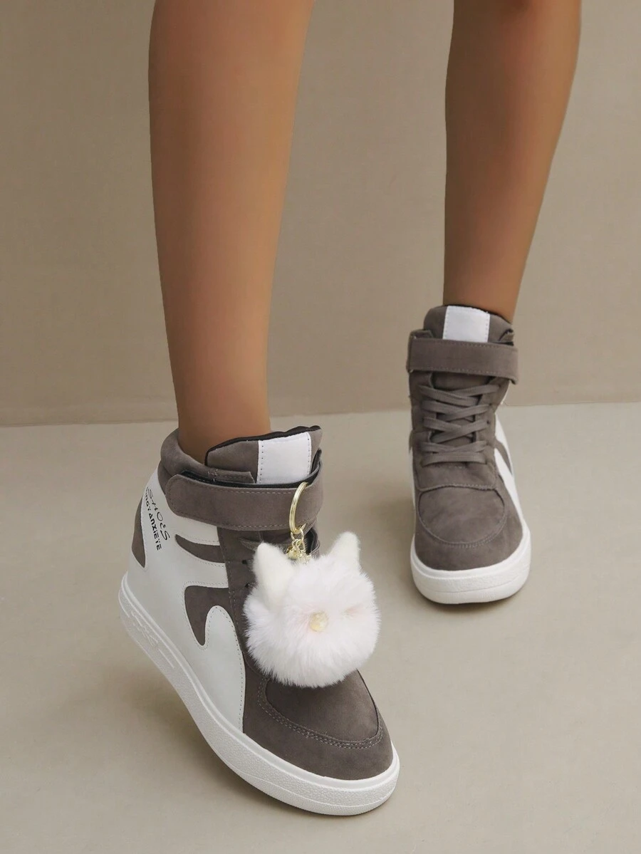 女性坡跟跟厚鞋底運動鞋,女性休閒運動鞋帶內部加高,8cm高防水台跑步鞋適合女士 - 灰色 - 查看 1