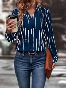 SHEIN LUNE Blusa con estampado de pincelada de cuello notch - Azul - Ver 1