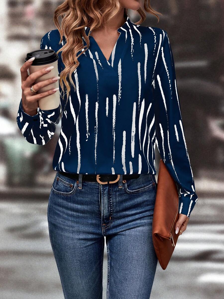 SHEIN LUNE Blusa con estampado de pincelada de cuello notch - Azul - Ver 1
