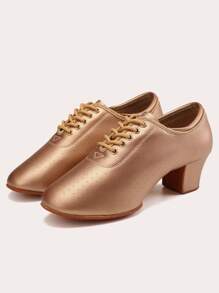 舞廳舞鞋適合女士超細纖維皮革帶呼吸洞跳舞鞋開叉鞋底繫帶舞蹈運動鞋 - 香檳色 - 查看 5