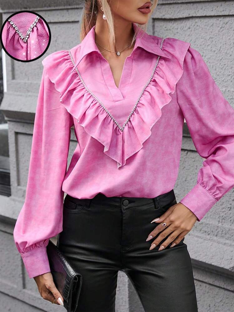 Tie Dye Ruffle Trim Lantern Sleeve Blouse