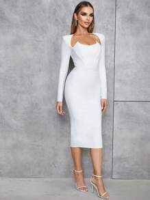 Split Back Shoulder Pad Bandage Dress - White - View 7