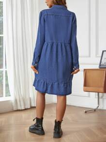 SHEIN Vestido De Mezclilla De Maternidad Con Dobladillo De Volante Y Cuello De Camisa