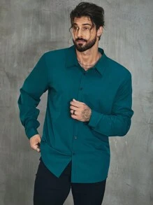 Manfinity Homme Men Plus Solid Button Up Shirt, Plain Urban Long Sleeve Collar Regular Shirt - Green - View 3