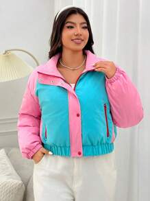 SHEIN EZwear 女士加大號彩色拼接拉鍊前垂肩夾克 - 彩色 - 查看 1