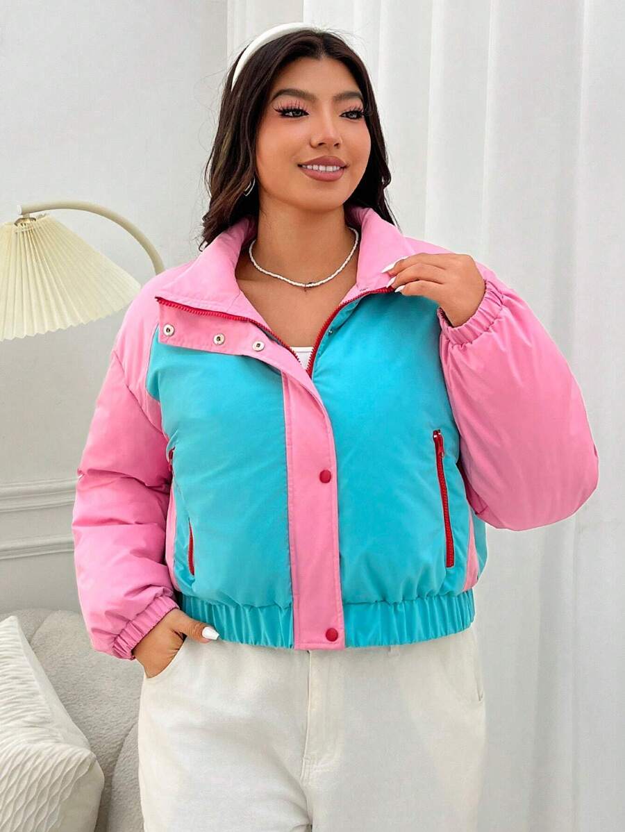 SHEIN EZwear 女士加大號彩色拼接拉鍊前垂肩夾克 - 彩色 - 查看 1