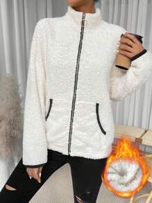 SHEIN Unity Abrigo Mullido De Mujer Con Detalles De Contraste - Albaricoque - Ver 1