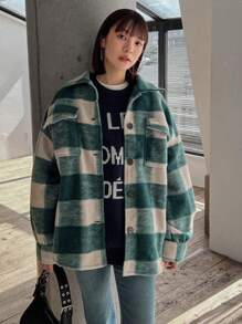 FRIFUL 女式格紋落肩羊毛外套 - 綠色 - 查看 6