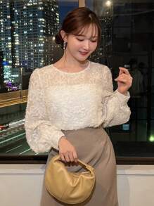 FRIFUL 女式刺绣灯笼袖衬衫，薄款，秋季服装长袖上衣 - 米色 - 查看 8