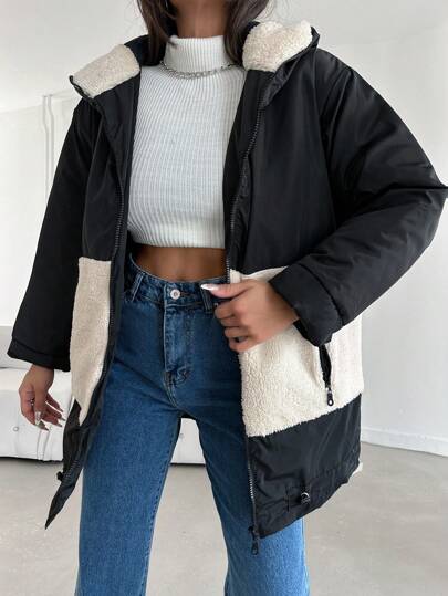 RueChic Women'S Plush Patchwork Hooded Padded Coat