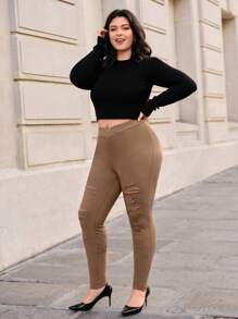SHEIN Privé Plus Solid High Waist Cut Out Detail Leggings - Khaki - View 6