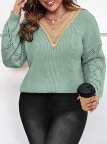 Flirla Plus Guipure Lace Panel Drop Shoulder Sweater Knit Pullover Fall Winter Sweater - Mint Green - View 3