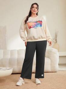 Mulvari Plus Letter Graphic Drop Shoulder Sweatshirt - Apricot - View 5