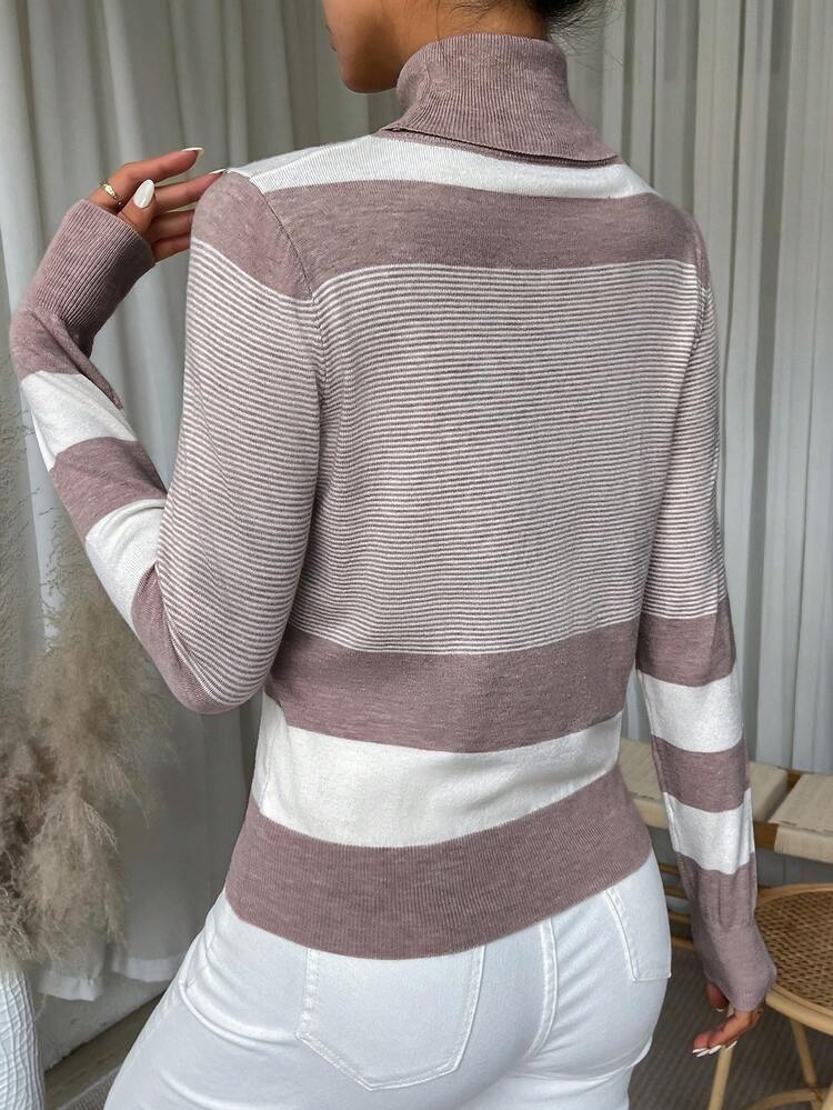 Color Block Turtleneck Knit Pullover Fall Winter Sweater