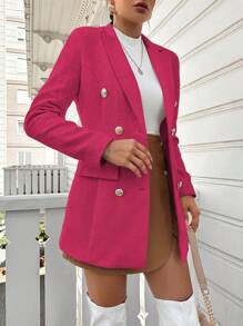 EURMUSE 雙排扣西裝外套,配尖領 - 玫紅色 - 查看 3