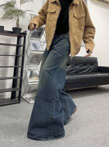 Claim Dot Loose Wide Leg Jeans With Slant Pockets For Men Plain Dark Blue Long Distressed Boot Cut Jeans Oversize Cargo Jeans, For Husband, Boyfriend Gifts - Medium Wash - View 1