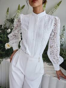 Sollinarry Women's Elegant Commuting Solid Color Lace Patchwork Pleated Long Sleeve Blouse, Autumn - White - View 6
