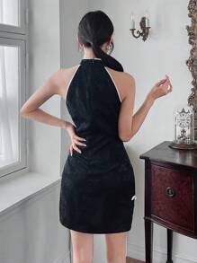 EastFlair Off-shoulder Black Qipao Dress - Black and White - View 2
