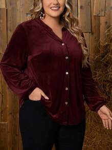 EMERY ROSE 女士加大號分翻領前鈕扣上衣 - 酒紅色 - 查看 4