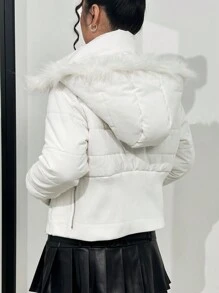 SHEIN Unity 毛绒装饰连帽加厚棉服外套冬季 - 白色 - 查看 2