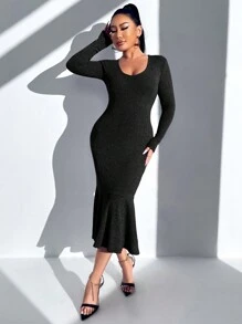 SHEIN SXY 女性的scoop Neck人魚裙擺連衣裙 - 黑色 - 查看 5
