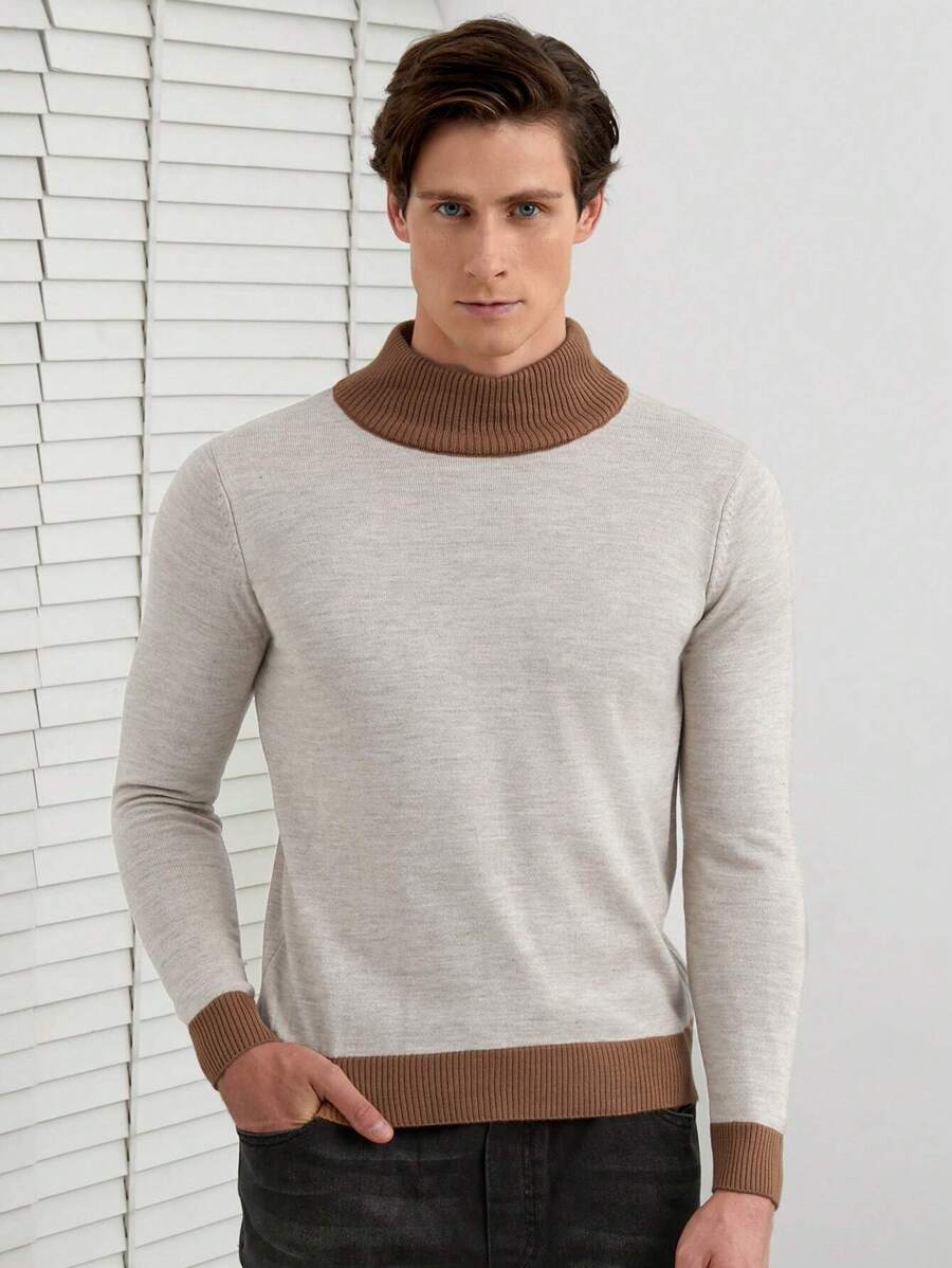 SHEIN Cottnline Men Contrast Trim Mock Neck Sweater - Camel - View 1