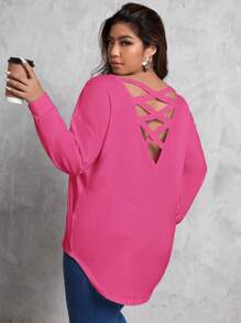 SHEIN Essnce Plus Size Back Crossed Drop Shoulder T-shirt - Hot Pink - View 1
