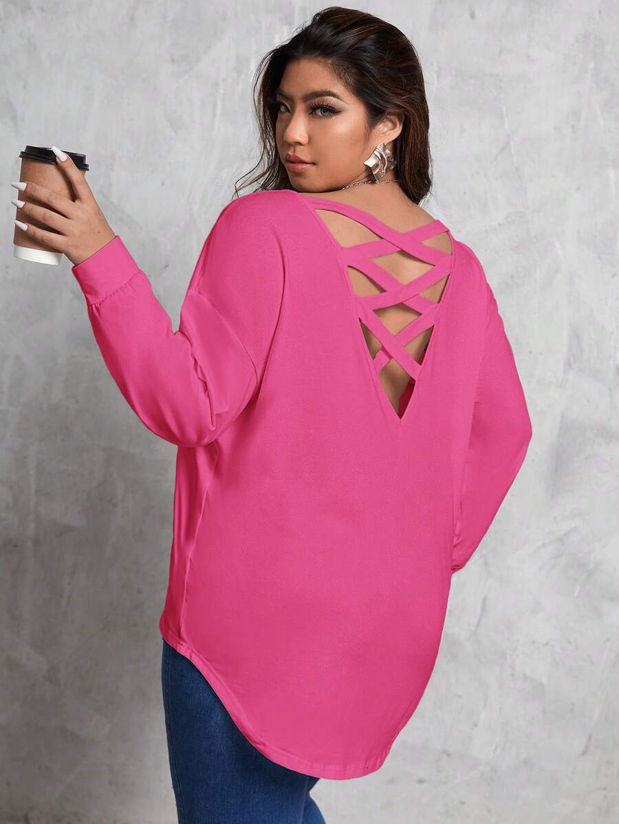 SHEIN Essnce Plus Size Back Crossed Drop Shoulder T-shirt - Hot Pink - View 1