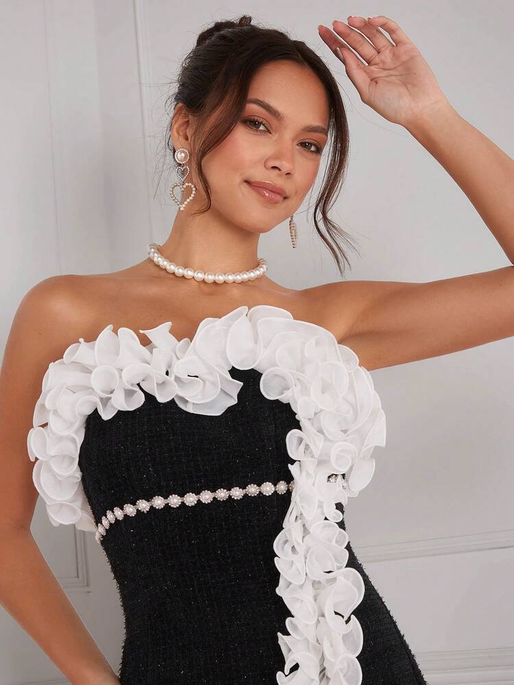 Contrast Ruffled Strapless Dress