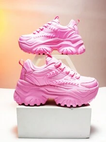 女款增高厚底平台運動鞋，粉色系列，可愛COSplay風格，日常休閒鞋款，配有流蘇和花朵裝飾，校園跑步鞋，增高6-7CM厚底 - 粉色 - 查看 2
