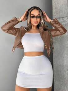 SHEIN SXY Women's Zipper Short Moto Jacket - Khaki - View 3