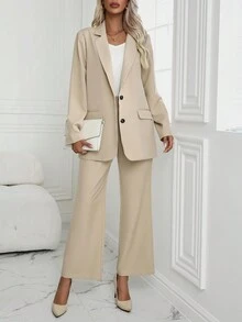 SHEIN Privé 1入組套裝套裝帶套裝翻領和前 - 卡其色 - 查看 5