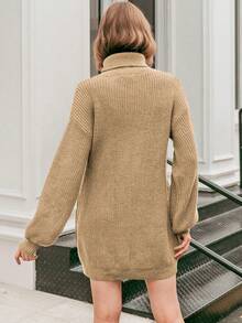 Simplee Solid Color High Neck Sweater Dress With Pocket Design - Khaki - View 2