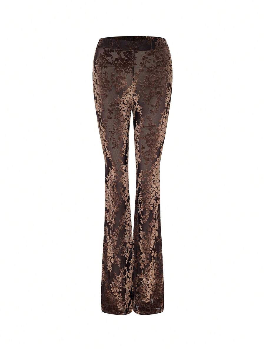 Floral Print High Waist Mesh Flare Leg Pants - Coffee Brown - View 1