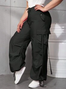 Plus Street Drawstring Waist Flap Pocket Side Parachute Style Cargo Pants - Black - View 4