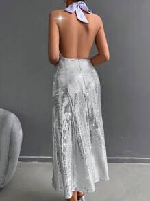 EURMUSE Vestido Plateado De Lentejuelas Para El Cuello Halter Para Mujer, Ideal Para Fiestas - Plateado - Ver 2