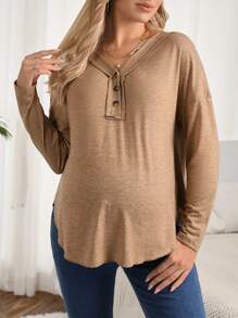 SHEIN Maternity Half Button Drop Shoulder Tee - Apricot - View 1