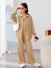 SHEIN Bé gái tuổi teen Thể thao Đường phố Đan Chất rắn Có màu sắc áo có mũ Bộ - Màu Khaki - Xem 3