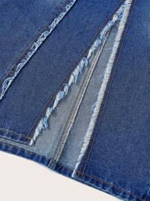 SHEIN MOD 女式磨邊開衩下擺牛仔裙 - 中等水洗藍 - 查看 4