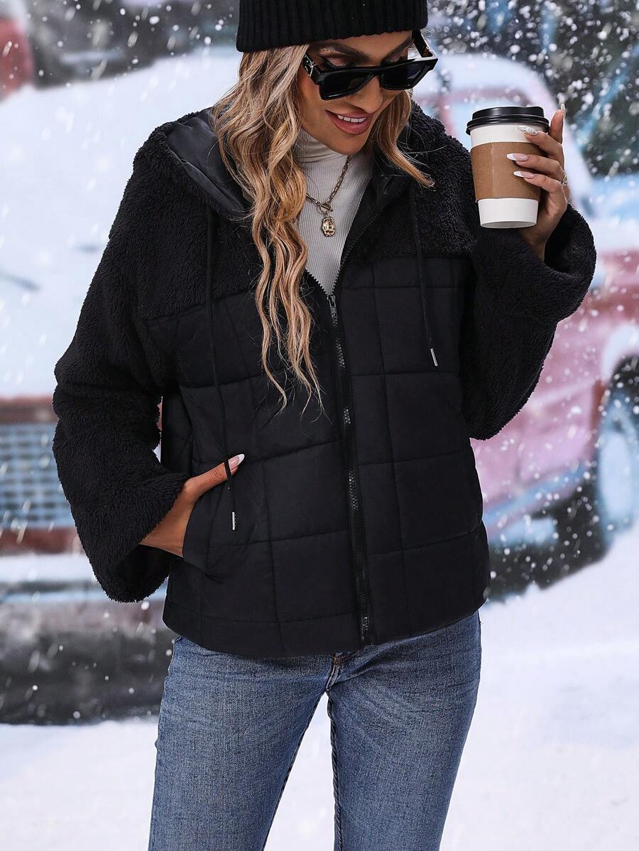 SHEIN LUNE Teddy Panel Drop Shoulder Drawstring Hooded Zipper Padded Padded Coat Clothes Winter - Black - View 1