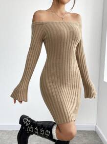 Flirla Vestido De Suéter Acampanado Y Cuerpo Ajustado Con Hombros Descubiertos