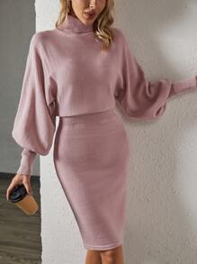 SHEIN Frenchy 單色高領蝙蝠袖毛衣連衣裙 - 粉色 - 查看 1