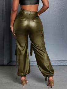 Slaydiva 街頭休閒女士貨袋綠色PU皮革女士緊身褲褲 - 軍綠色 - 查看 2