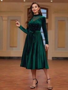 SHEIN Clasi Của phụ nữ Lưới Sợi & Trân châu & Viền xếp & Váy có thắt lưng - màu xanh lá - Xem 5