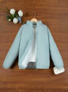 SHEIN Tween Girl 拉链灯芯绒填充大衣 - 綠色 - 查看 1