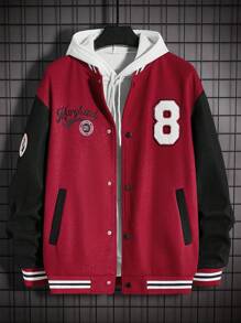 Manfinity Campus Court 男士鬆身字母刺繡拼接袖棒球外套 - 彩色 - 查看 1